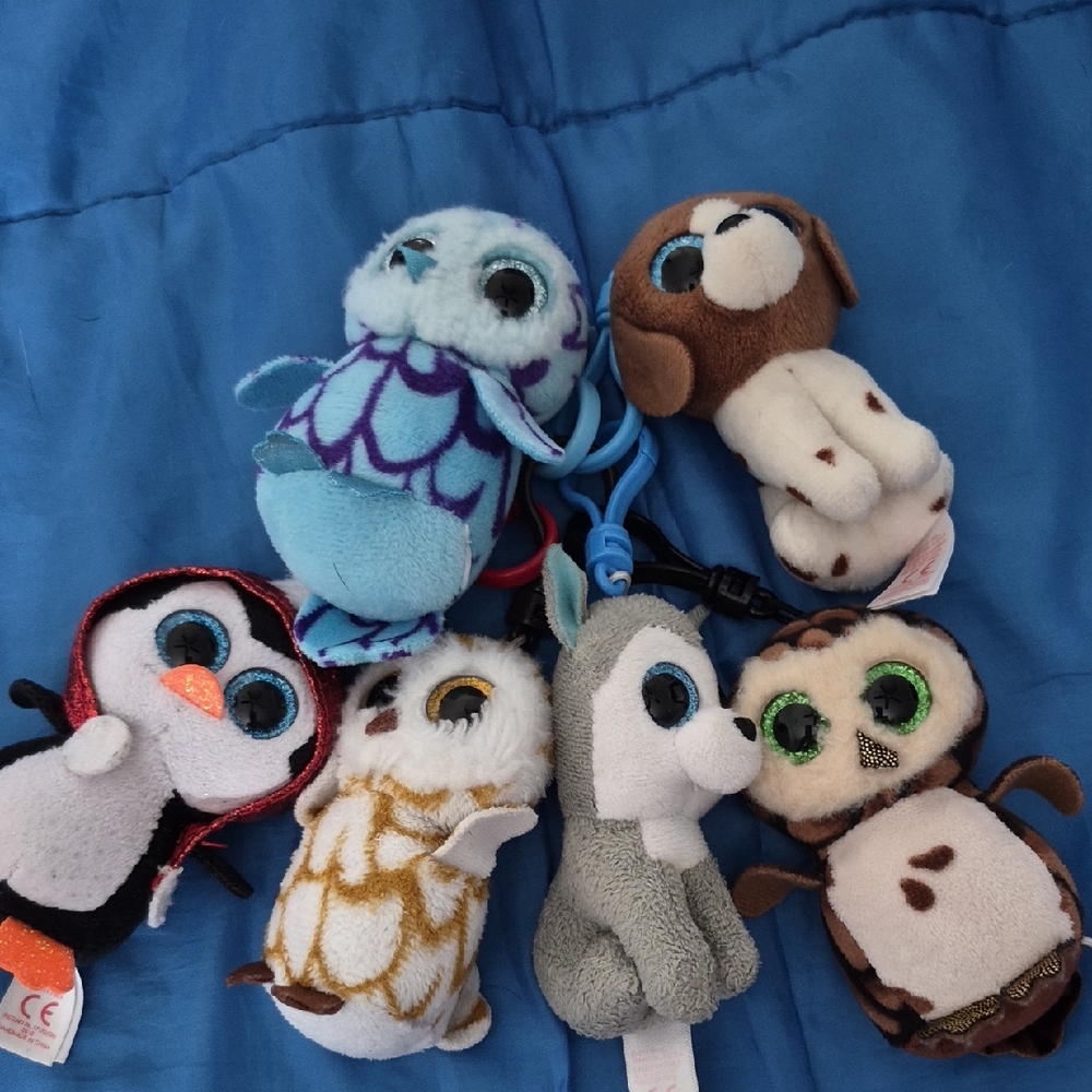Ty Plush Mini Pet Keychain Set – Blue, Brown, Gray, White, Black, Cream, Used.